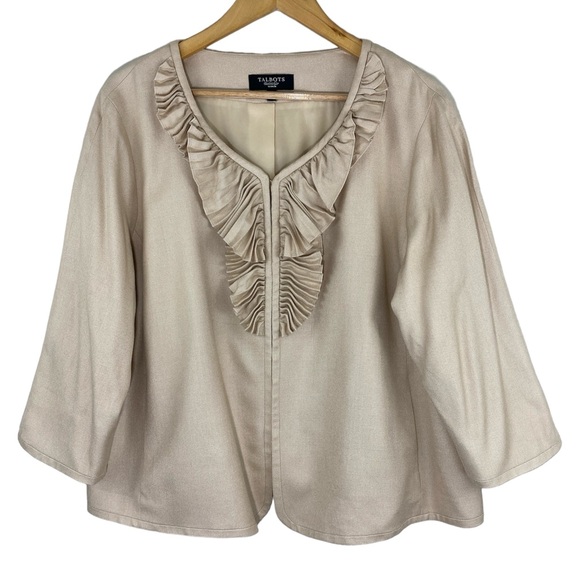 Talbots Jackets & Blazers - Talbots Tan 100% Silk Women’s Size 16W Ruffled 3/4 Sleeve Open Front Jacket